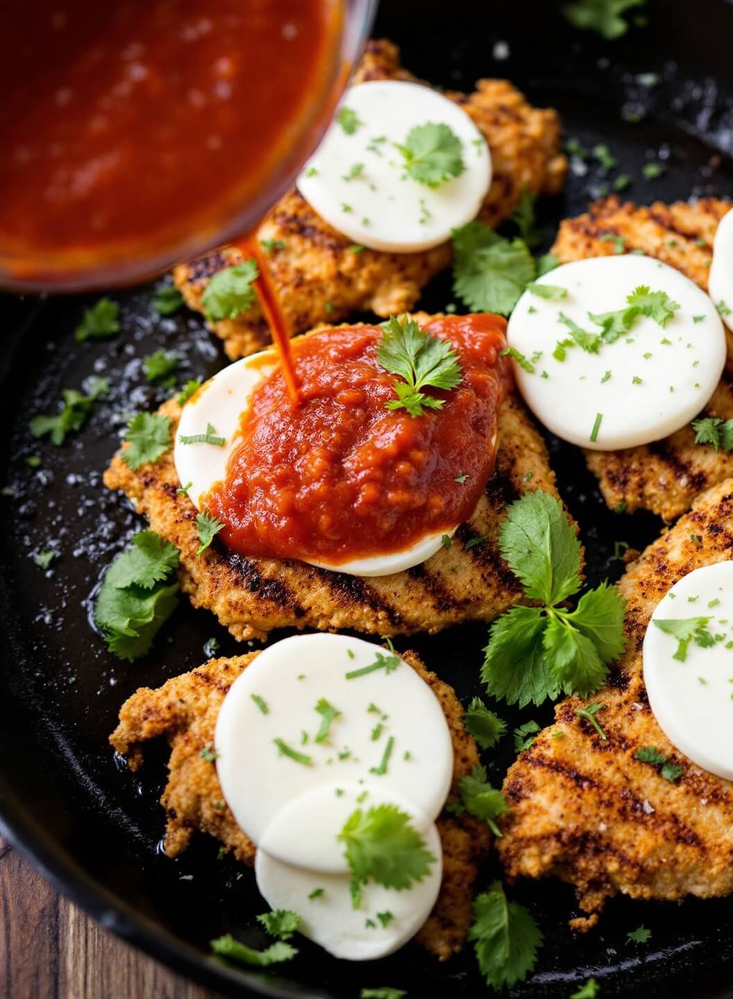 Easy Keto Chicken Parmesan With Almond Flour Breading 6 Spreading marinara sauce over crispy chicken topped with fresh mozzarella slices