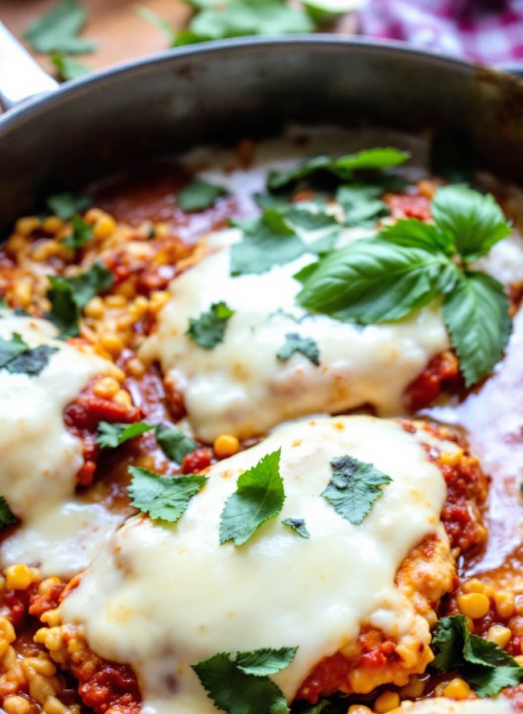 Easy Keto Chicken Parmesan With Almond Flour Breading 7 Keto chicken parmesan covered in bubbling melted cheese and garnished with basil