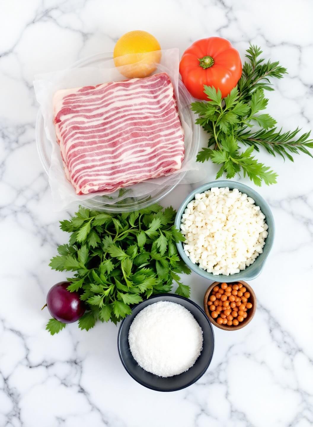 Bacon-Wrapped Keto Meatloaf 3 Raw ingredients including fresh herbs and a bacon weave arranged on a marble countertop