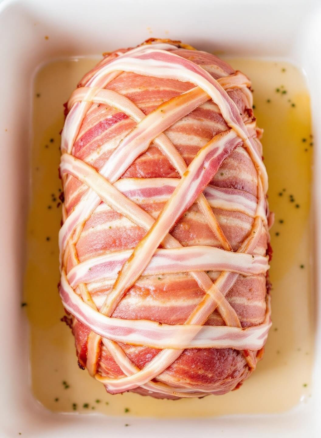 Bacon-Wrapped Keto Meatloaf 6 Raw bacon-wrapped meatloaf in a baking dish with a crosshatched pattern
