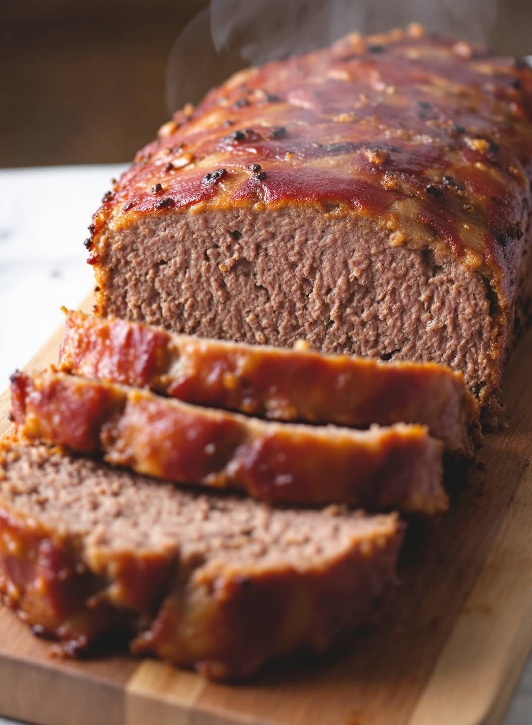 Bacon-Wrapped Keto Meatloaf 7 Sliced meatloaf with juicy center and crispy bacon exterior on a wooden board, emitting steam