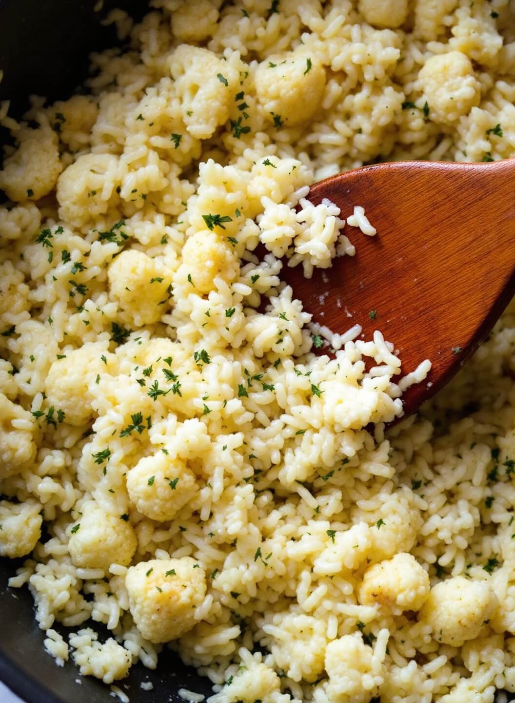 Creamy Mushroom Cauliflower Risotto 5 Cauliflower rice being stirred in creamy sauce with melting parmesan and thyme garnish