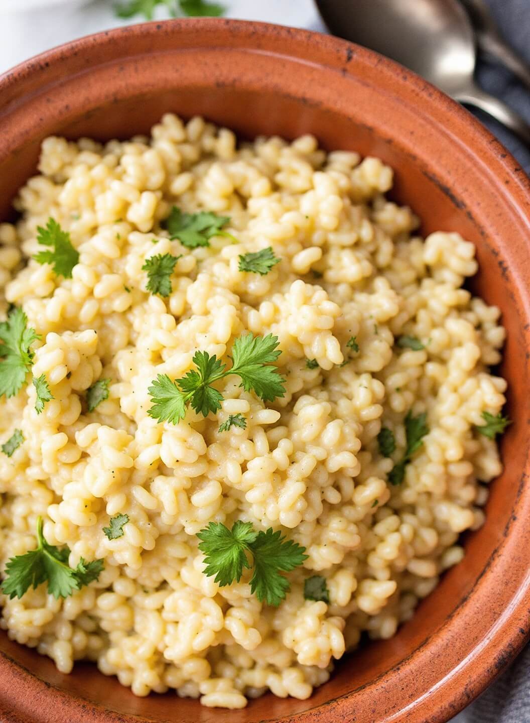 Creamy Mushroom Cauliflower Risotto 6 Creamy risotto with earthy tones served in a ceramic bowl garnished with fresh herbs