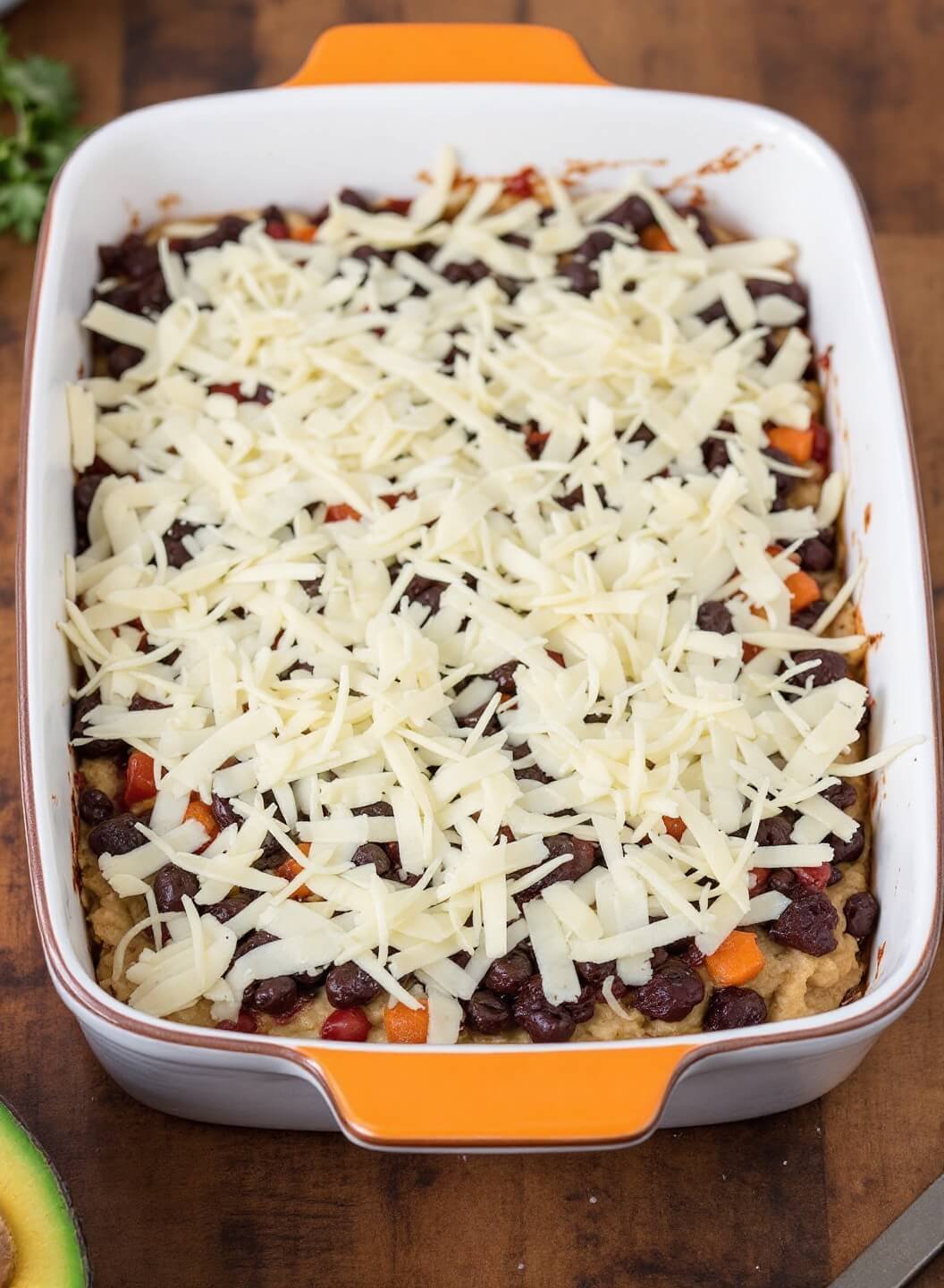 Savory Chicken &Amp; Cauliflower Rice Casserole 6 Unbaked casserole with layered ingredients and melted cheese topping in a ceramic dish on a rustic kitchen counter