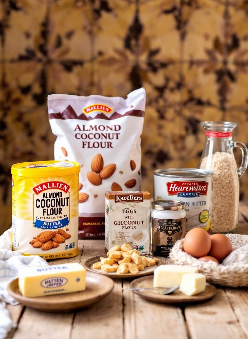 Keto Sugar Cookies With Almond And Coconut Flour 3 Rustic kitchen counter displaying ingredients like almond, coconut flour, butter, and eggs under natural light