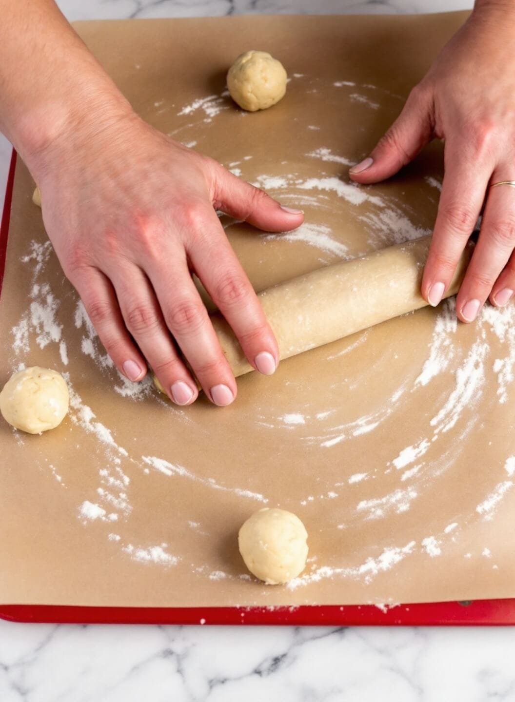 Keto Sugar Cookies With Almond And Coconut Flour 5 Hands rolling cookie dough into balls on a parchment-lined baking sheet on a marble counter.