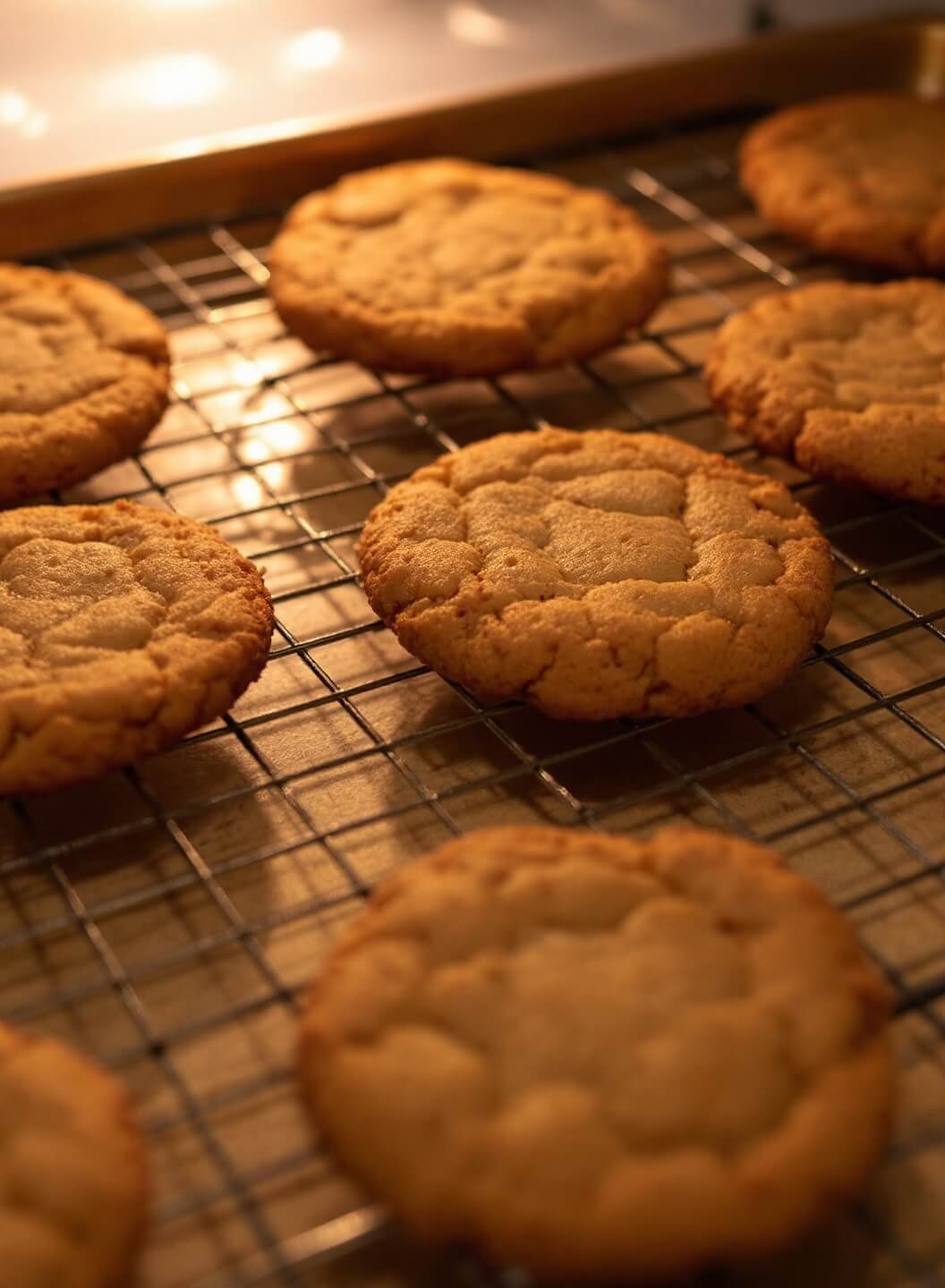 Keto Sugar Cookies With Almond And Coconut Flour 6 Golden keto cookies baking on an oven rack with a warm glow