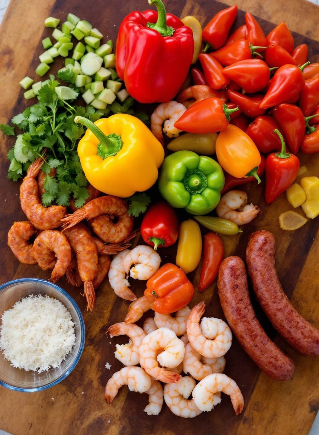 Spicy Cajun Keto Jambalaya With Cauliflower Rice 3 Raw ingredients for cajun jambalaya including colorful bell peppers, andouille sausage, and shrimp arranged on a rustic wooden cutting board