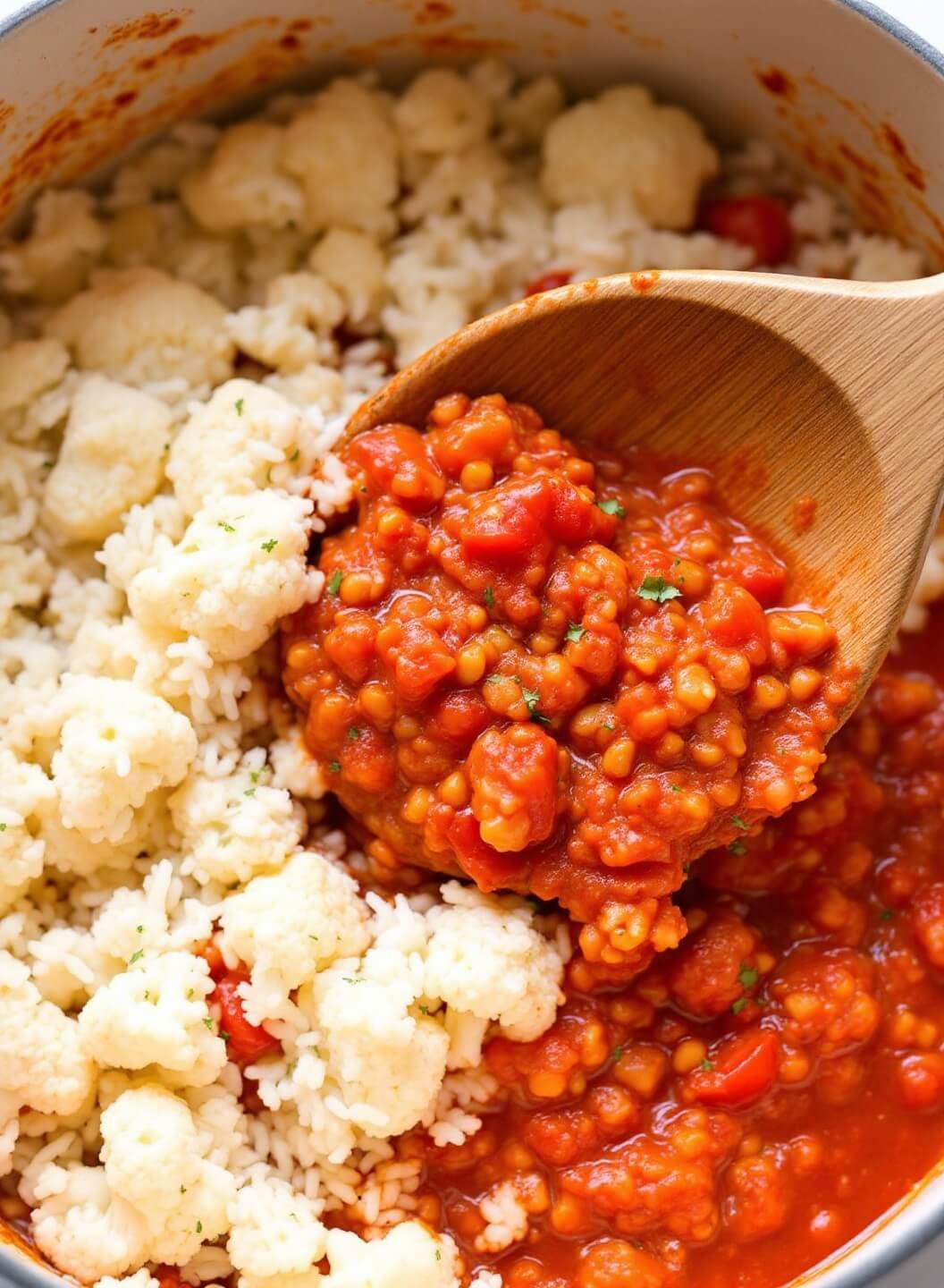 Spicy Cajun Keto Jambalaya With Cauliflower Rice 6 Cauliflower rice simmering with tomatoes and spices in a rich red sauce, being stirred with a wooden spoon