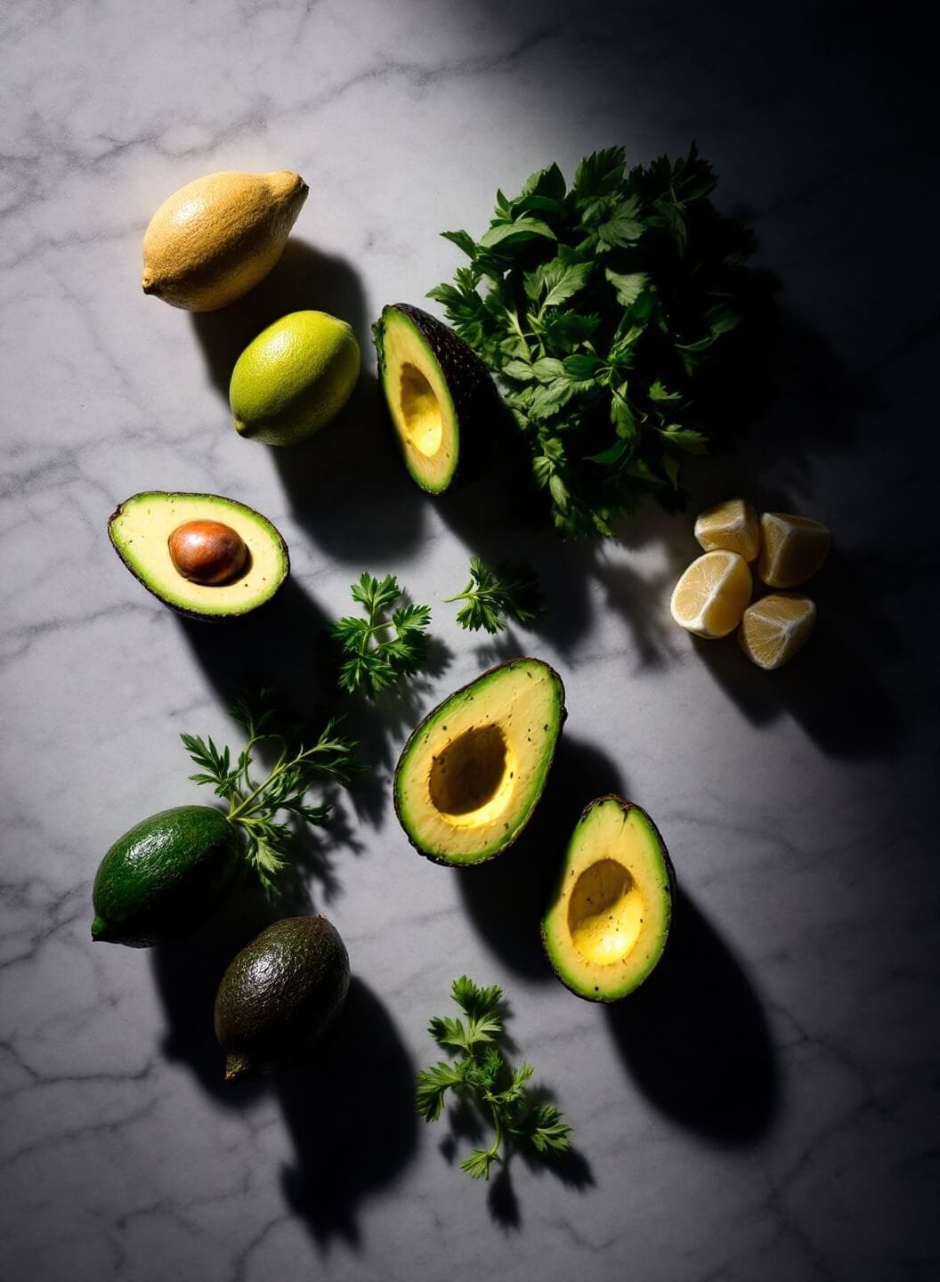 Easy Keto Guacamole (5-Minute Restaurant Style) 3 Fresh avocados, lime, and herbs arranged on a marble countertop under dramatic lighting