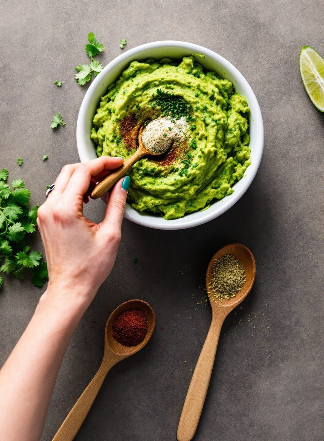 Easy Keto Guacamole (5-Minute Restaurant Style) 6 Overhead view of adding spices and herbs to vibrant green guacamole using wooden spoons.