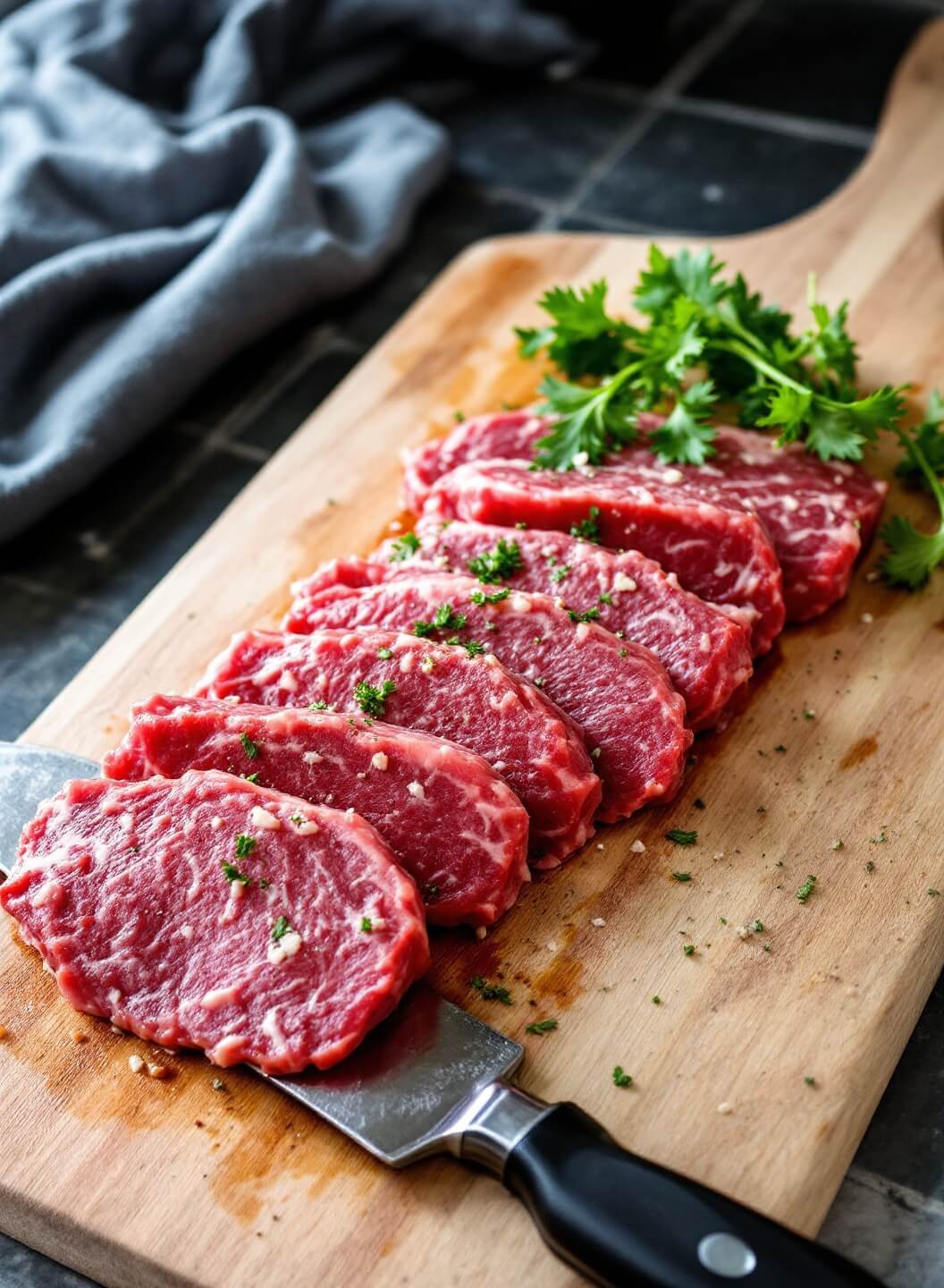 Zesty Beef Stroganoff With Zucchini Noodles 3 Raw sirloin slices on a wooden cutting board, garnished with fresh herbs and seasoning