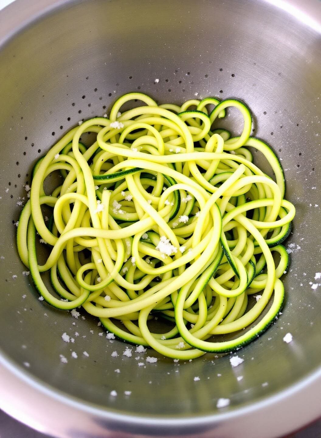 Zesty Beef Stroganoff With Zucchini Noodles 4 Spiralized zucchini noodles draining in a stainless steel colander with salt crystals