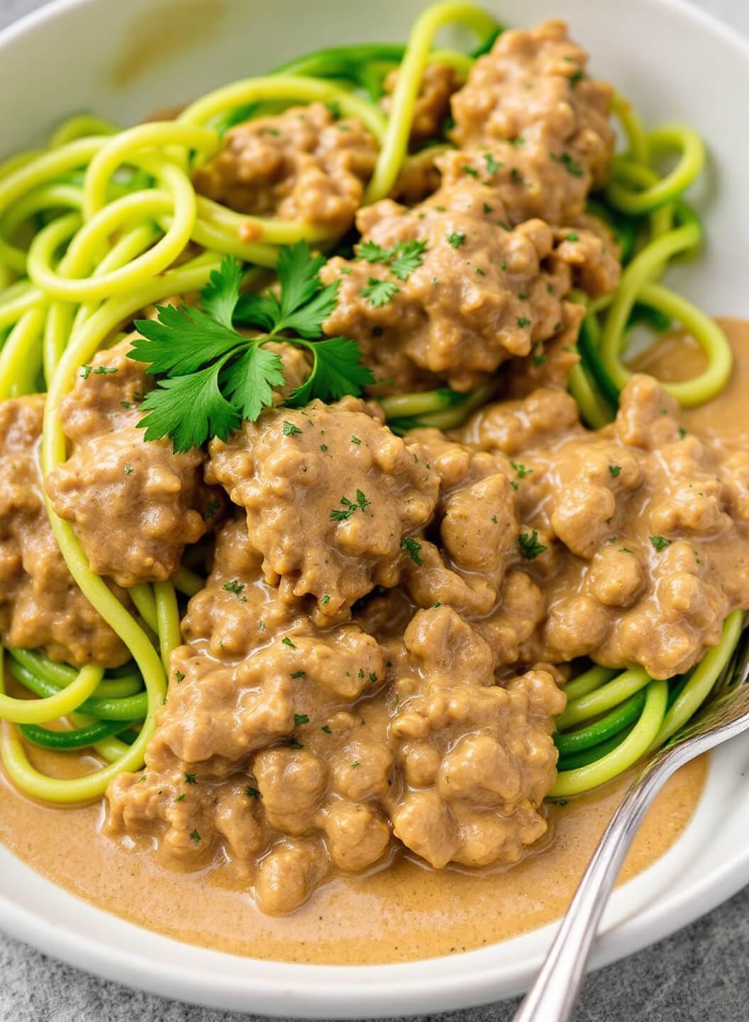 Zesty Beef Stroganoff With Zucchini Noodles 7 Plated stroganoff with creamy sauce over bright green zoodles garnished with parsley