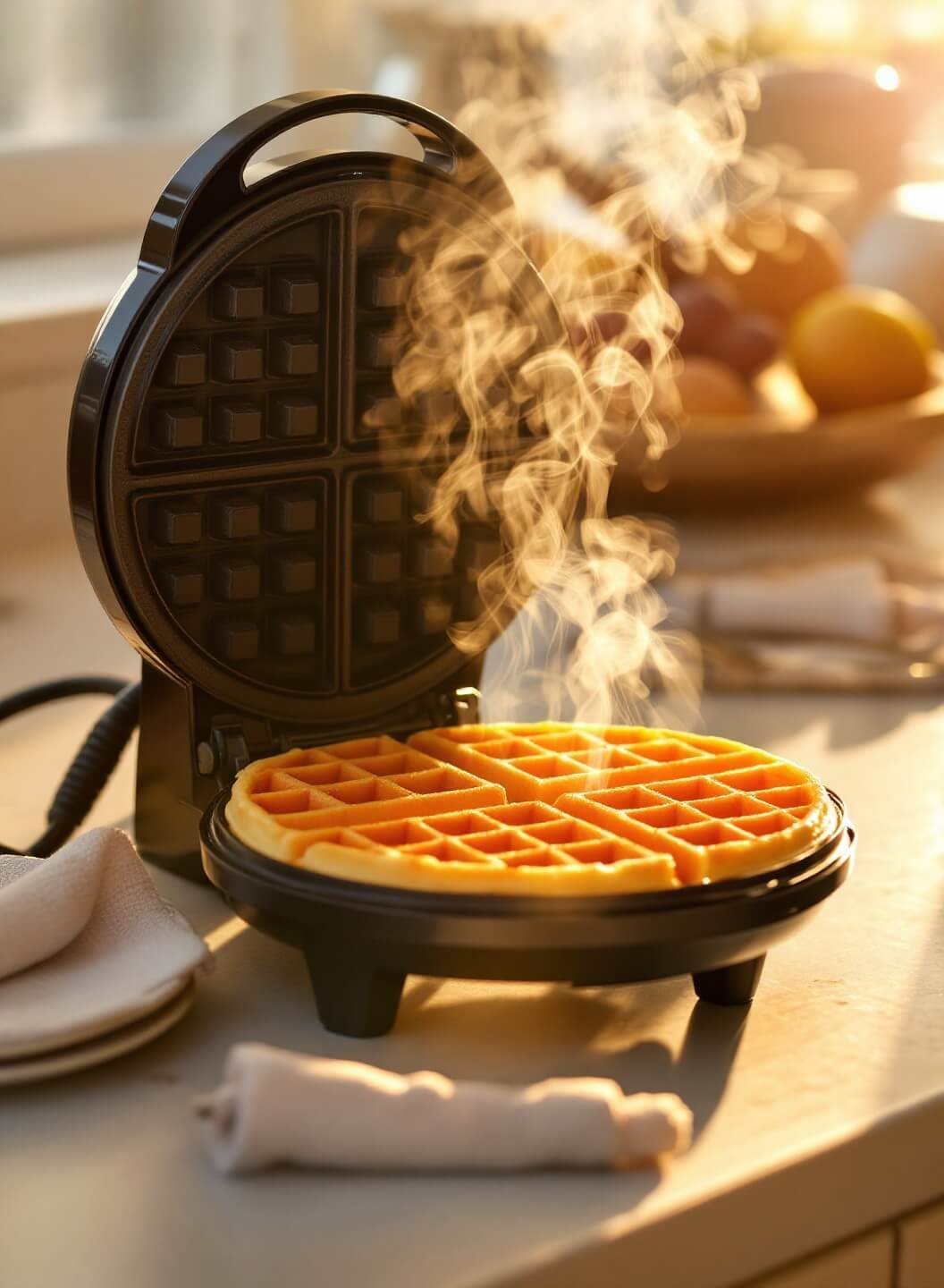Fluffy Keto Belgian Waffles 3 A steaming golden belgian waffle freshly baked in a pristine waffle maker, bathed in morning sunlight.