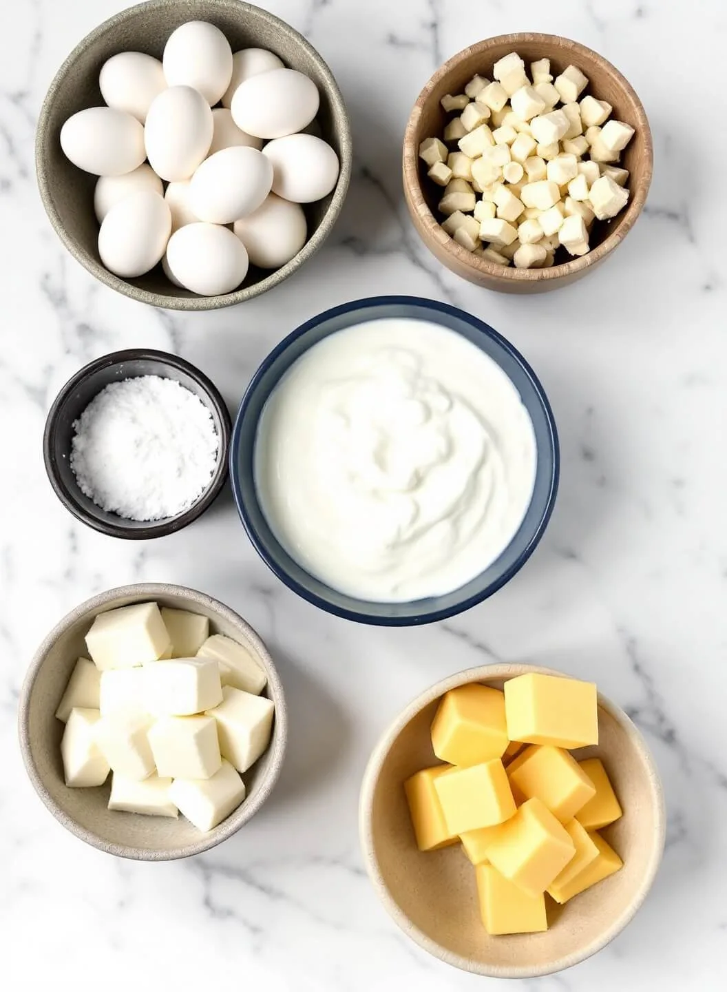Ingredients like eggs and cream cheese on a marble countertop with bowls