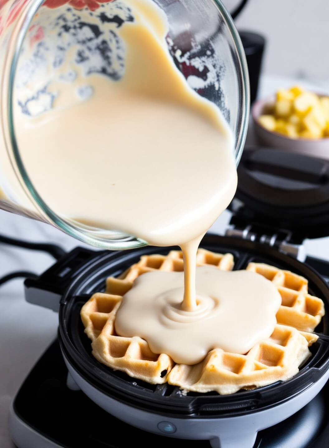 Fluffy Keto Belgian Waffles 5 Pouring smooth keto waffle batter into a preheated waffle iron
