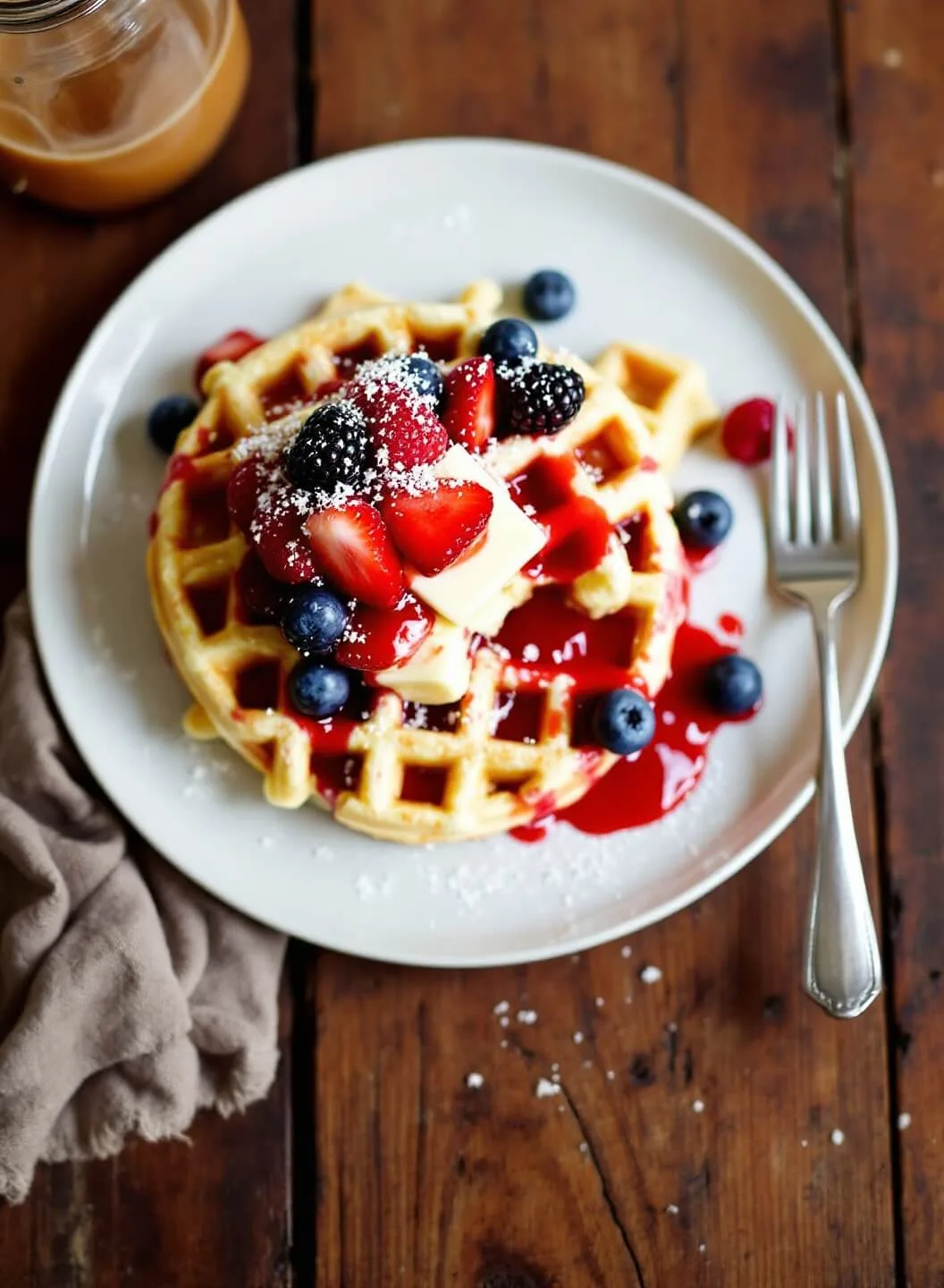 Stack of keto waffles with melting butter and berry garnish on a rustic wooden table