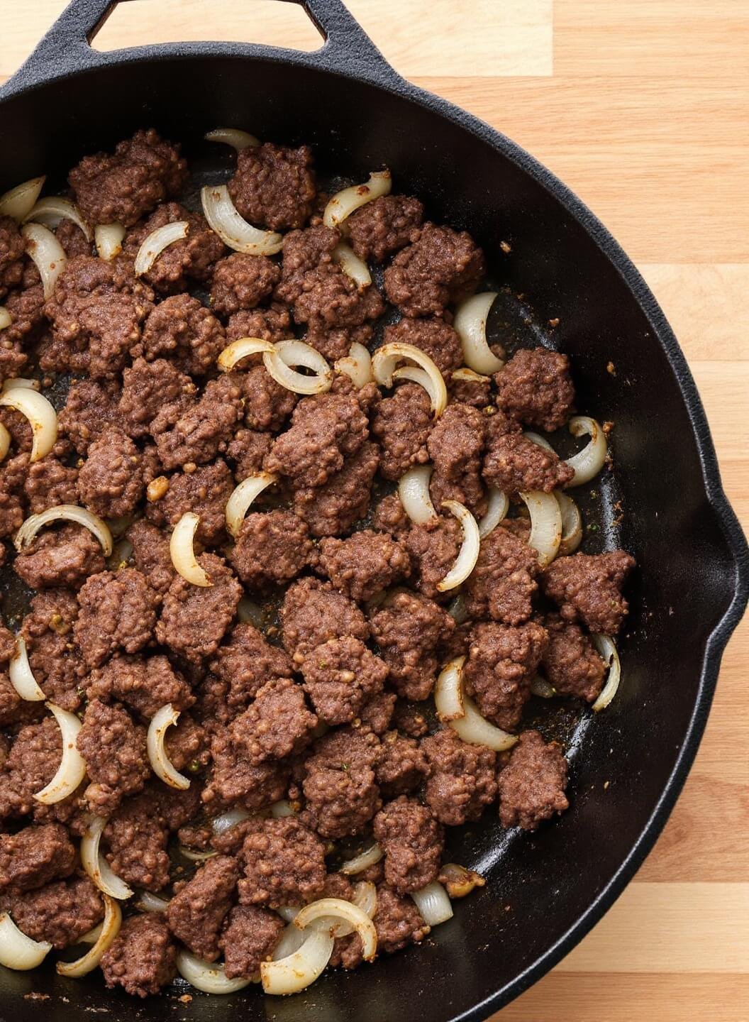 Classic Stuffed Bell Peppers With Ground Beef &Amp; Cheese 5 Sizzling ground beef and onions in a cast iron skillet
