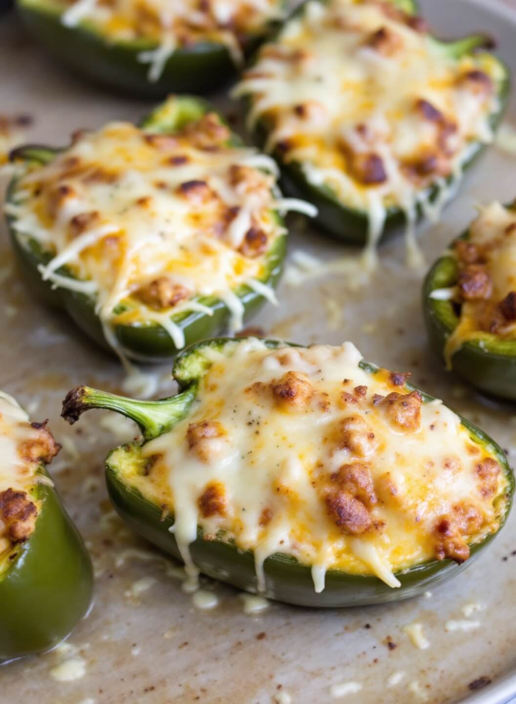 Classic Stuffed Bell Peppers With Ground Beef &Amp; Cheese 6 Bubbling melted cheese on top of stuffed peppers in the oven