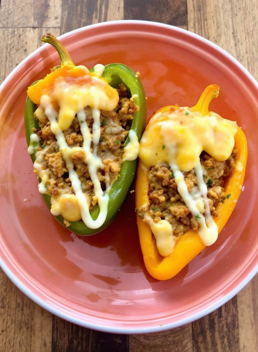 Classic Stuffed Bell Peppers With Ground Beef &Amp; Cheese 7 Cross section of a stuffed pepper on a plate with steam rising