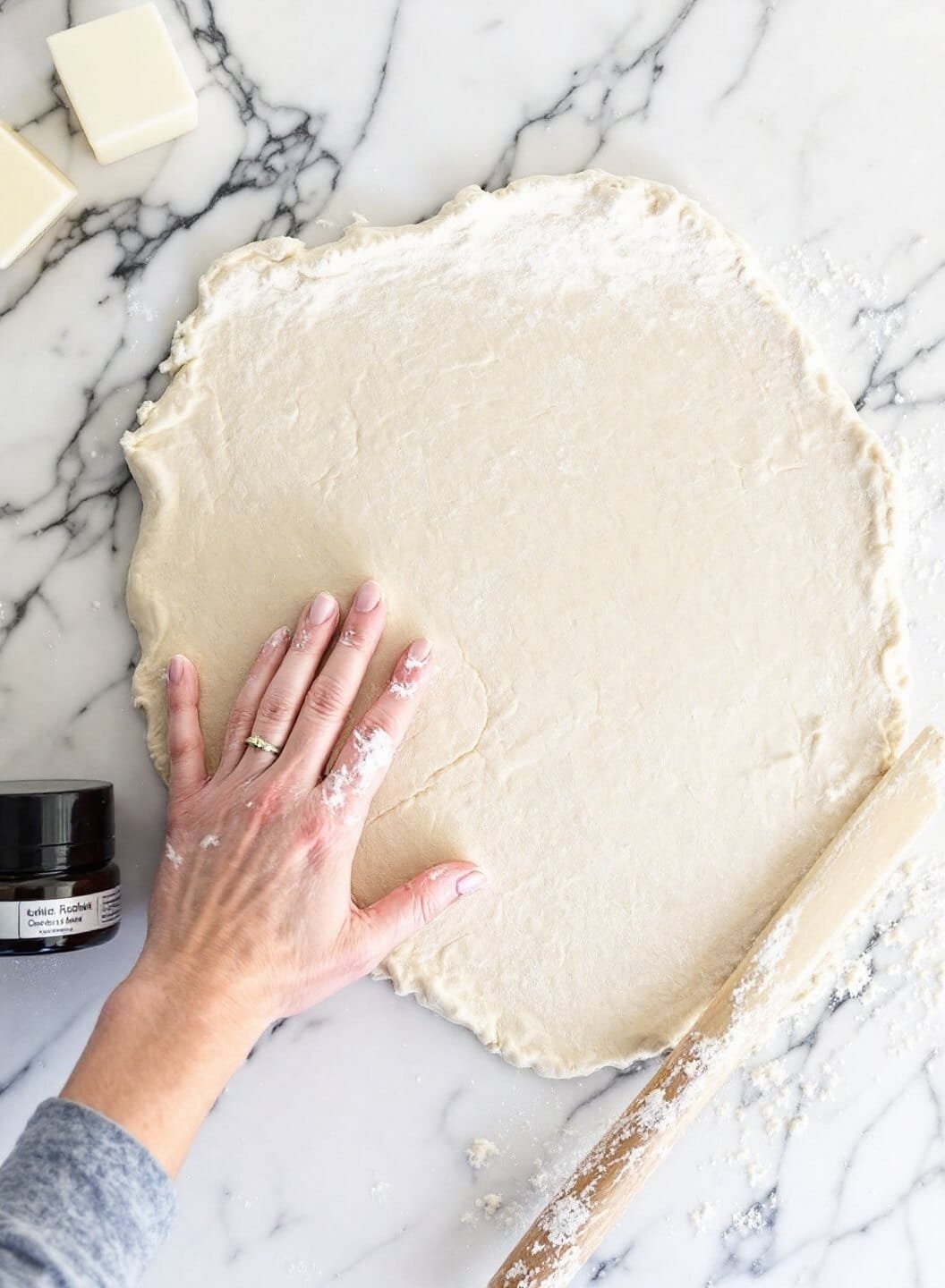 Keto Cinnamon Rolls (Fathead Dough) 4 Person rolling fathead dough between parchment paper on a marble countertop