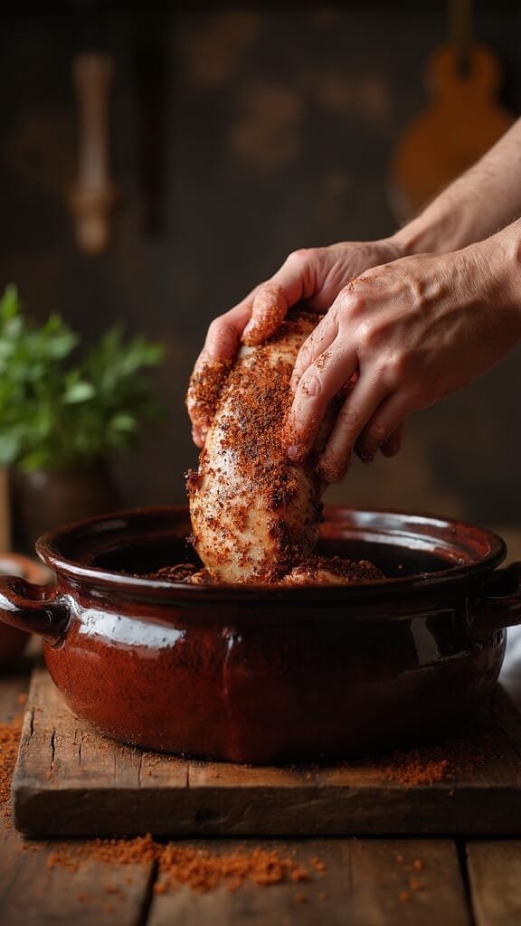Slow Cooker Pulled Pork With Sugar-Free Bbq Sauce 4 Hands lowering seasoned pork into a ceramic slow cooker in a rustic kitchen