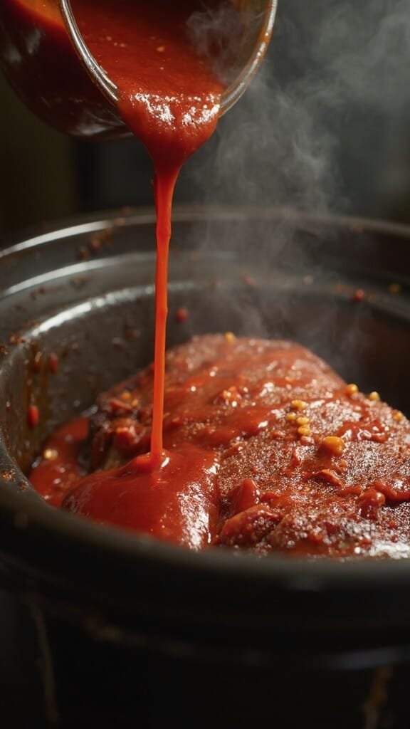 Slow Cooker Pulled Pork With Sugar-Free Bbq Sauce 5 Bubbling dark red bbq sauce being poured over partially cooked pork with steam rising in a slow cooker