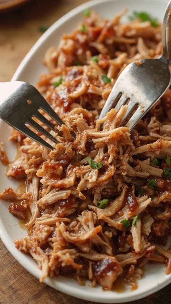 Slow Cooker Pulled Pork With Sugar-Free Bbq Sauce 7 Shredded pulled pork glistening with sauce, being pulled apart by two forks on a serving platter