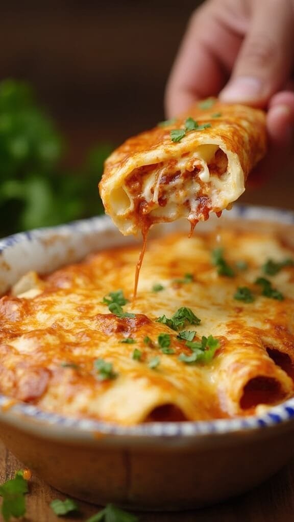 Classic Chicken Enchiladas With Cheese Wraps (Low-Carb, Keto-Friendly) 6 Action shot of rolling enchiladas, drizzled with sauce and melted cheese