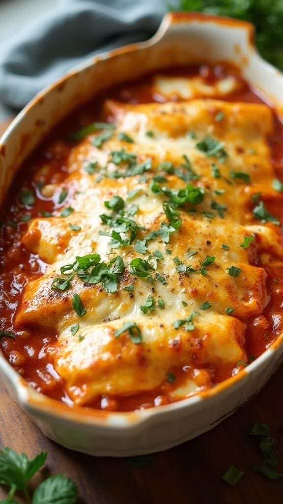 Classic Chicken Enchiladas With Cheese Wraps (Low-Carb, Keto-Friendly) 7 Golden brown enchiladas garnished with fresh herbs, steaming hot on a plate
