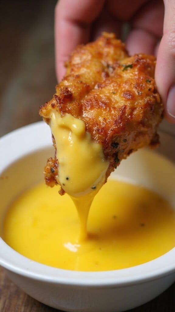 Crispy Keto Chicken Tenders With Almond Flour Breading 4 Hands dipping a chicken tender into whisked egg wash, with golden liquid dripping off.