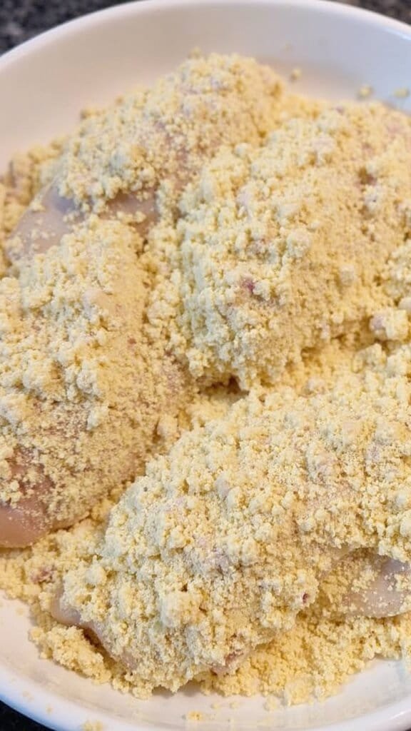 Crispy Keto Chicken Tenders With Almond Flour Breading 5 Coating chicken in seasoned almond flour mixture to create a textured surface
