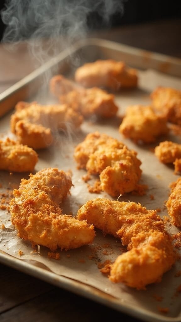 Crispy Keto Chicken Tenders With Almond Flour Breading 6 Golden brown chicken tenders on a baking sheet with steam rising