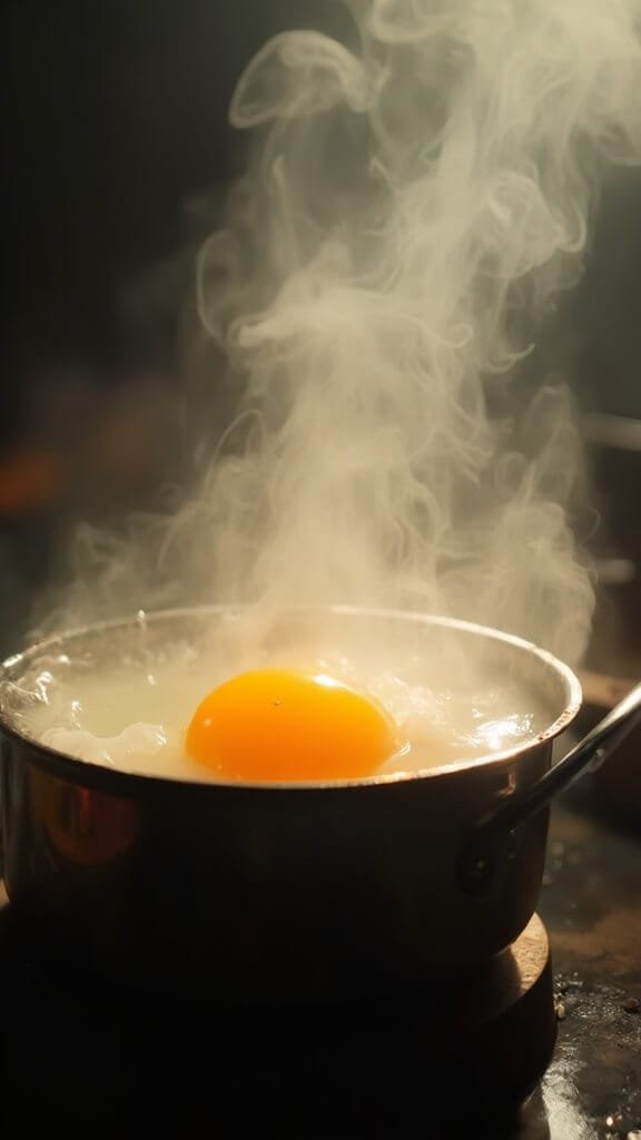 Classic Deviled Eggs Recipe (Easy Mayo &Amp; Mustard Base) 3 Fresh eggs boiling in a saucepan with steam rising under kitchen lighting