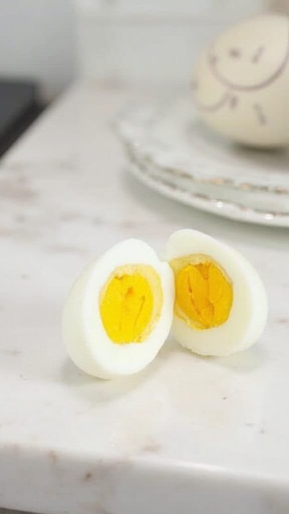 Classic Deviled Eggs Recipe (Easy Mayo &Amp; Mustard Base) 4 Halved eggs with yolk removed on a white marble countertop in natural light