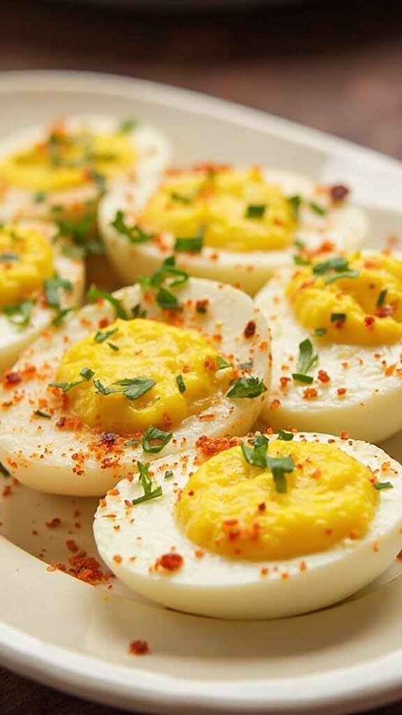 Classic Deviled Eggs Recipe (Easy Mayo &Amp; Mustard Base) 7 Deviled eggs with paprika garnish on a serving platter