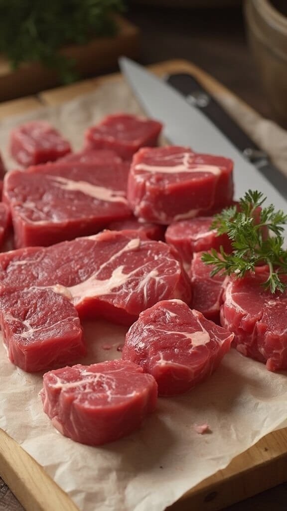 Garlic Butter Steak Bites 3 Raw steak cubes on a wooden cutting board, surrounded by paper towels for preparation.