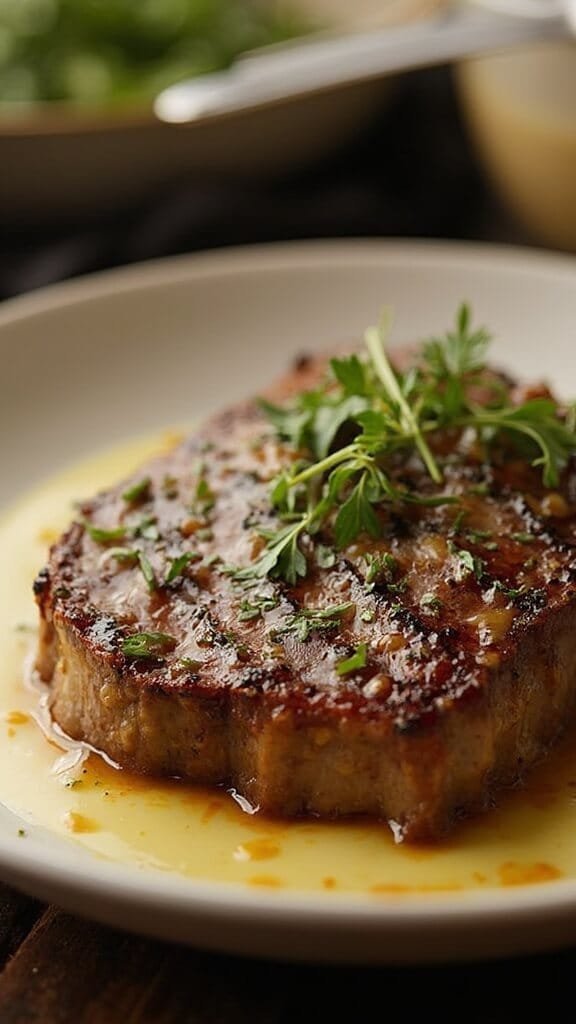 Garlic Butter Steak Bites 6 Steak being drizzled with glossy herb butter sauce