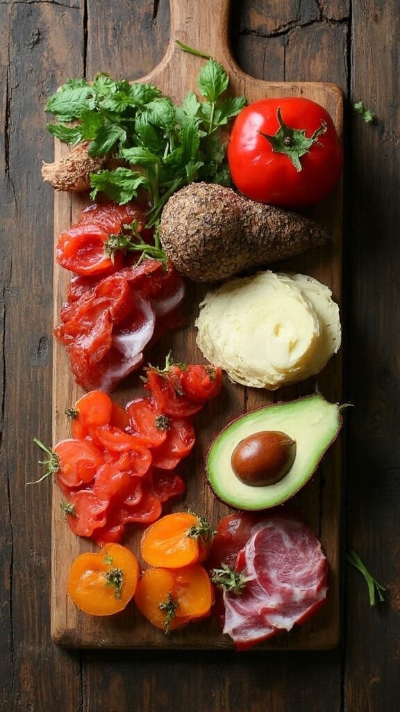 Homemade Low-Carb Chicken &Amp; Dumplings (Made With Almond Flour) 3 Raw ingredients arranged on a rustic wooden board