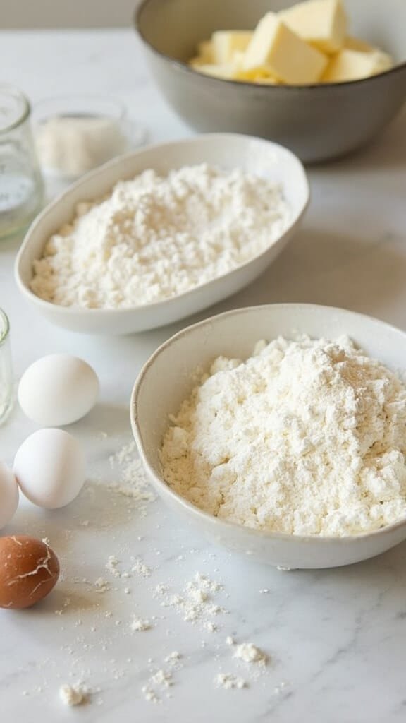 Organized kitchen counter with ingredients like almond flour, eggs, butter in bowls for cooking.