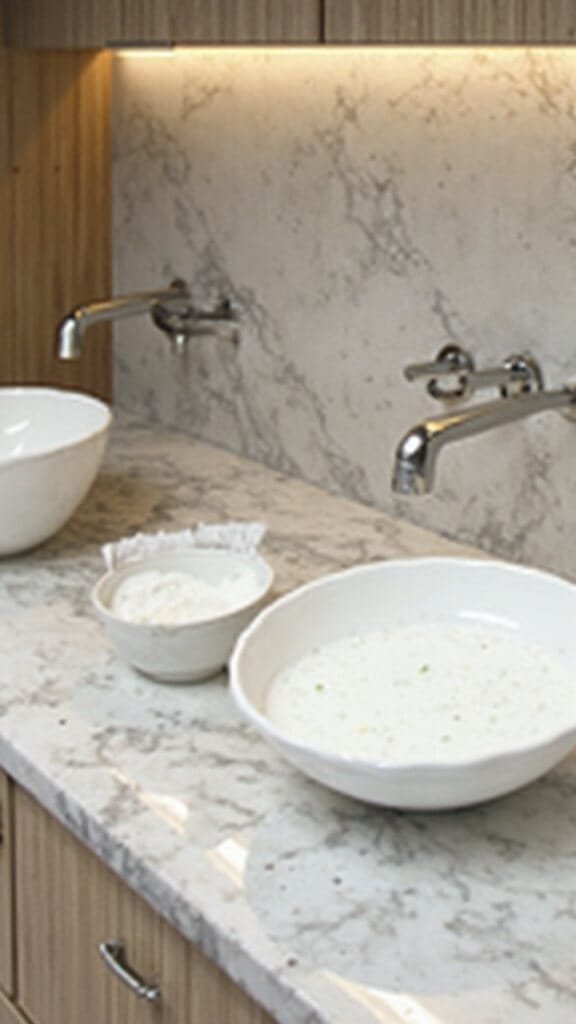 Mixing bowls with wet and dry ingredients on a marble countertop under natural lighting