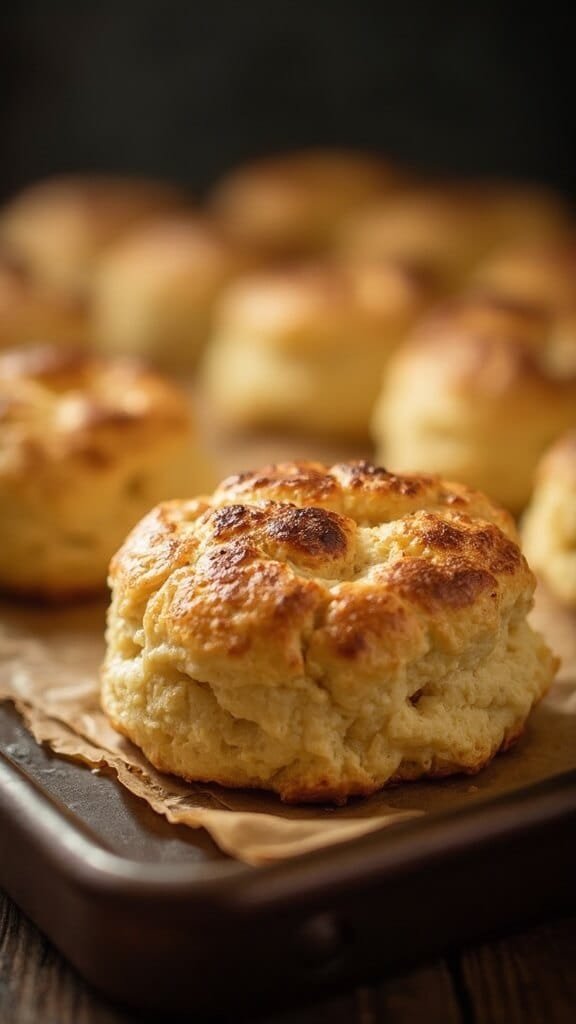 Freshly baked golden brown biscuits on a rustic baking sheet with steam rising
