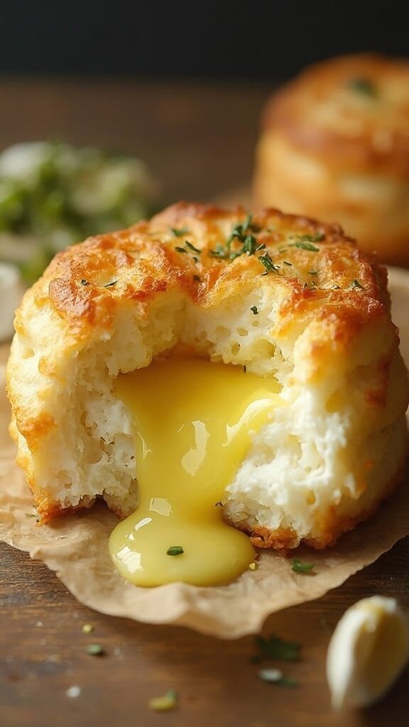 Cross section of a fluffy keto biscuit with melted garlic butter dripping from the interior.