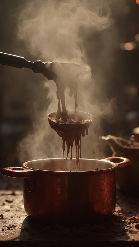 Melting chocolate and butter in a double boiler with steam rising, in soft light