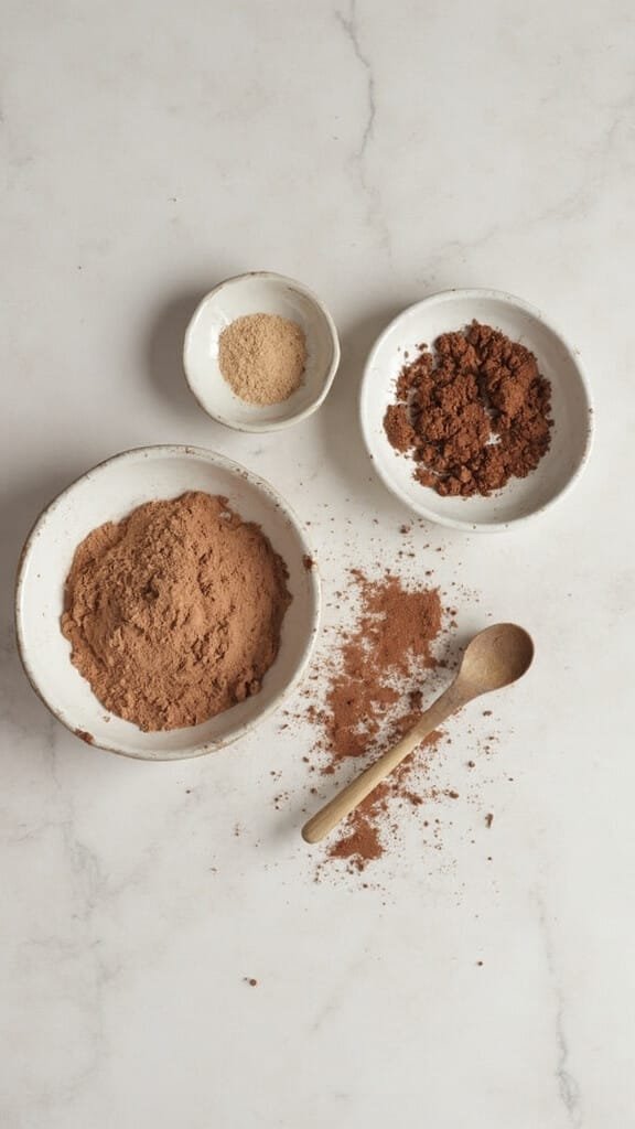 Ultimate Keto Brownies (Sugar-Free, Almond Flour) 4 Whisking dry ingredients including cocoa powder on a marble countertop under natural light.