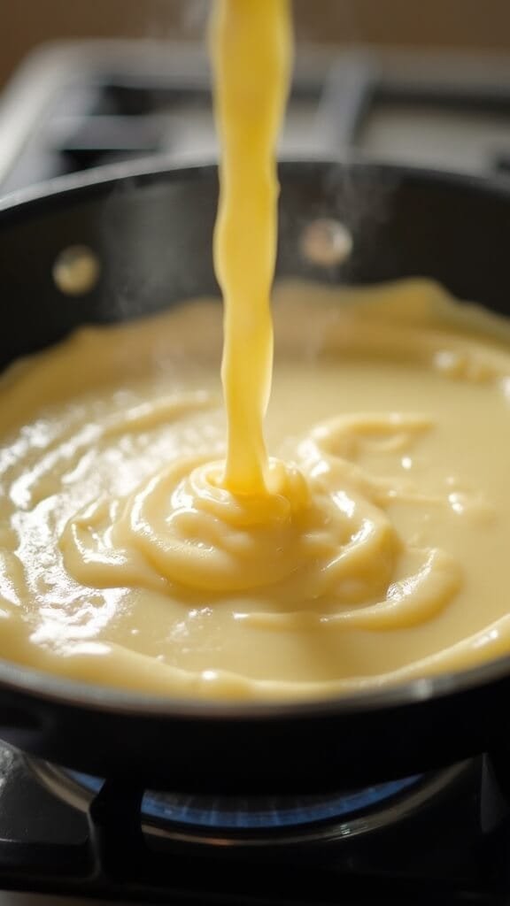 Perfect French Coconut Flour Crepes (Gluten-Free &Amp; Keto-Friendly) 5 Person pouring thin crepe batter onto a steaming non-stick pan, with the swirling motion captured