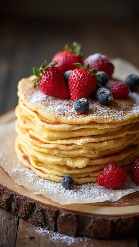 Perfect French Coconut Flour Crepes (Gluten-Free &Amp; Keto-Friendly) 7 Stack of fresh crepes garnished with berries on parchment paper placed on a rustic wooden board