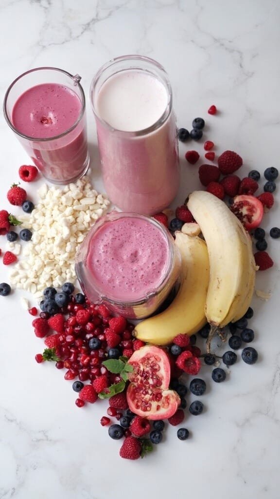 Romantic Valentine'S Day Smoothie 3 Ingredients for a romantic smoothie including berries, pomegranate, banana, and milk arranged in a heart shape on a marble counter