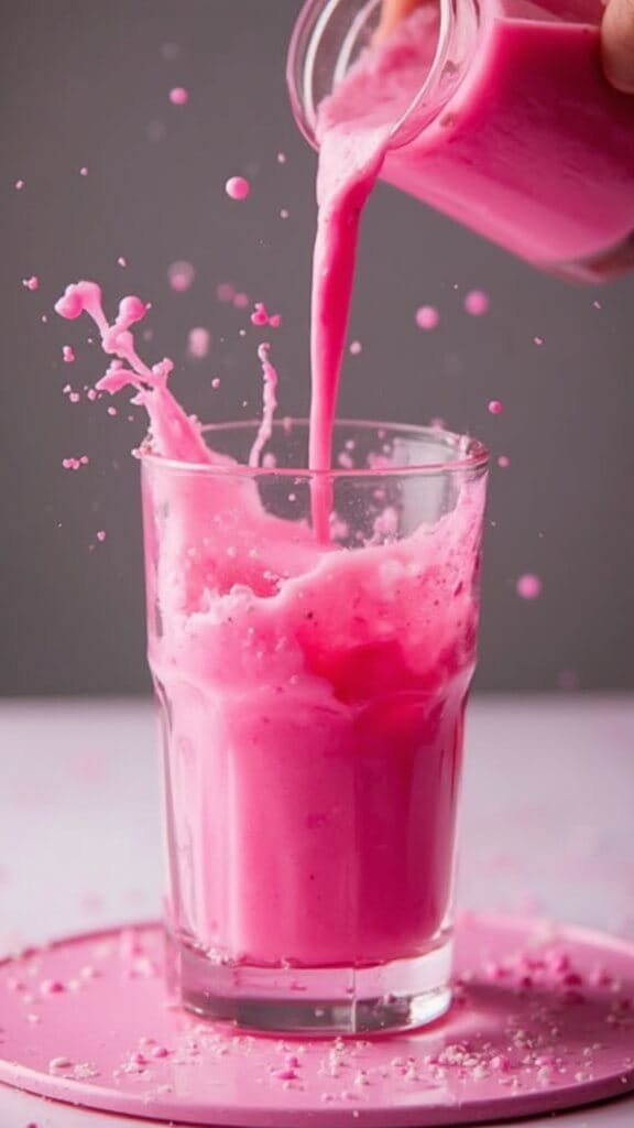 Romantic Valentine'S Day Smoothie 5 Pouring vibrant pink smoothie into crystal glasses in slow motion, causing a splash.